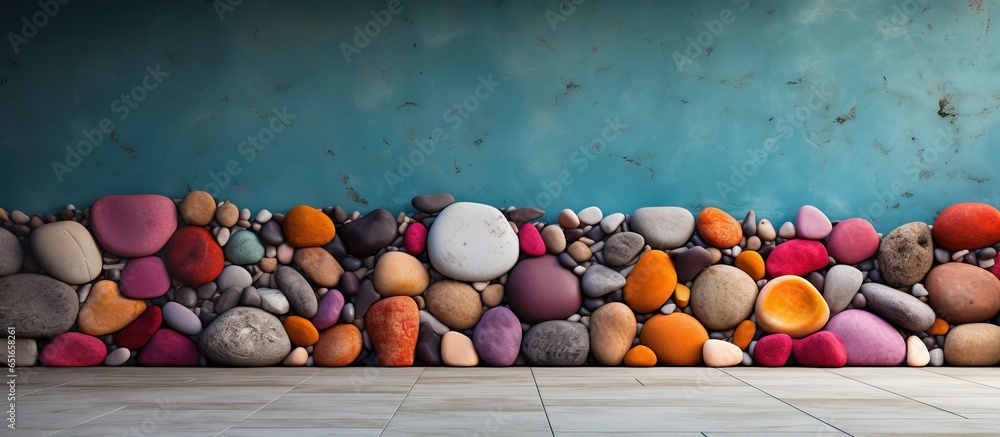 Colorful pebbles on a concrete wall