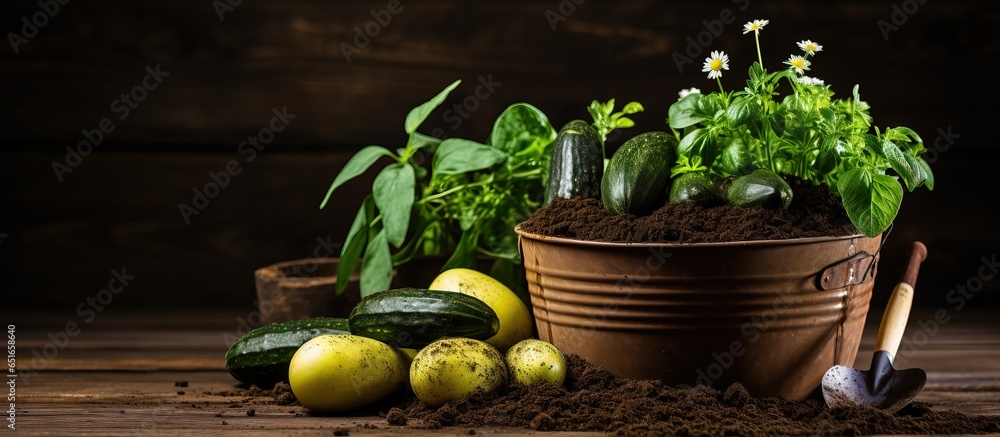 Planting cucumber and pear seedlings in peat pots on a wooden surface for cultivation