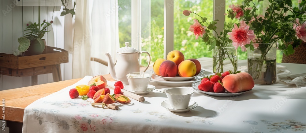 A sunlit kitchen with a breakfast table dressed in cloth on a summer morning