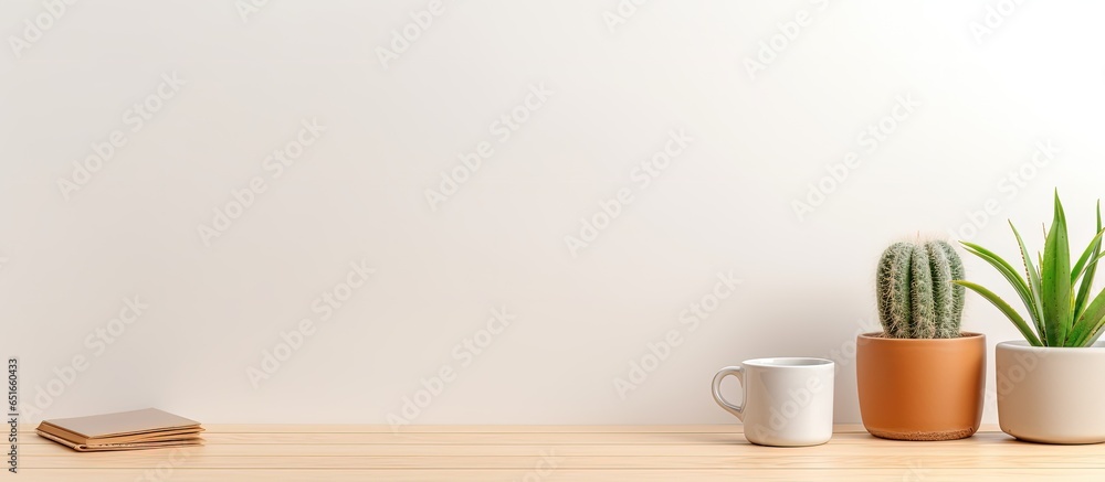 Bright home office with wooden desk coffee cup camera and cactus in clay pot