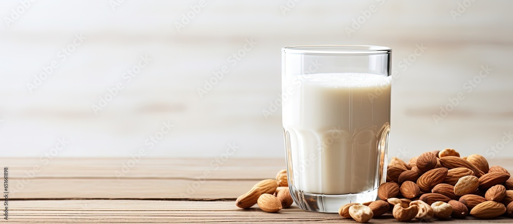 Assorted nut based vegan milk in a glass jar displayed with various nuts on a white wooden backdrop