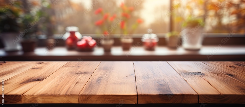 Blurred kitchen background with a wooden tabletop