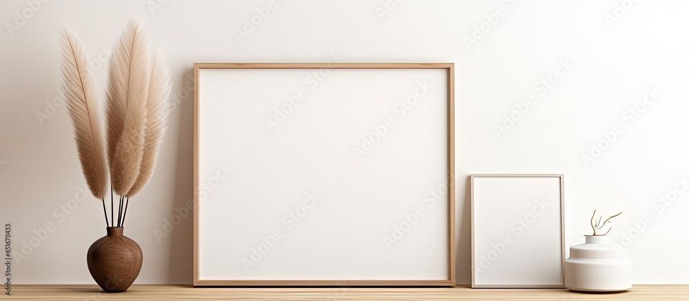 Minimal home office with tablet mockup lamp pampas grass and decor on wood table blank frames on white wall