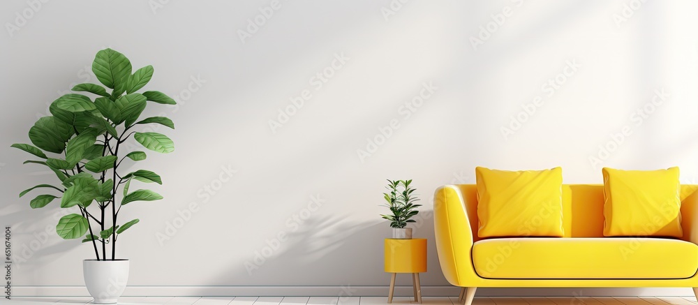 Place plant on cabinet by yellow sofa blue pillow spacious workspace white chair at desk