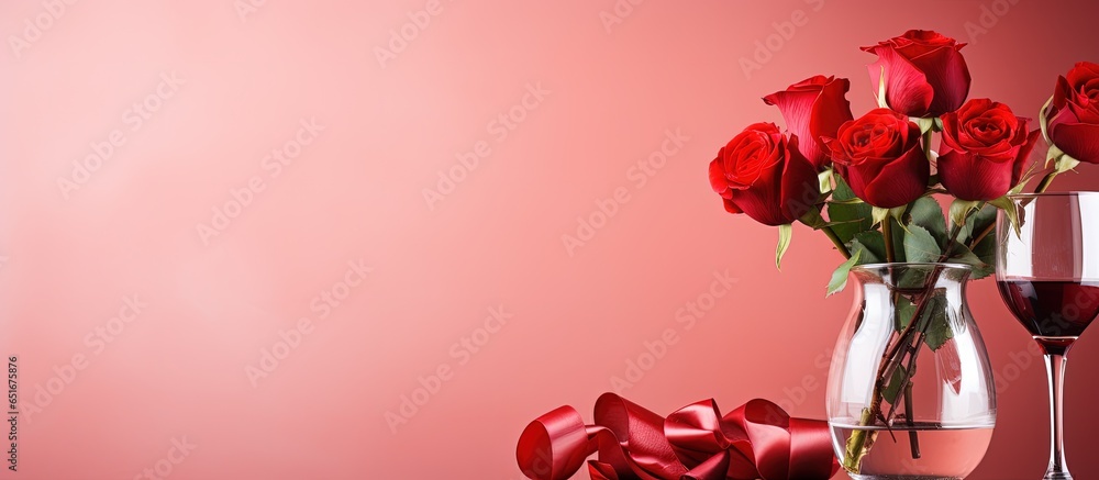 Elegant party concept with red glass rose and minimal luxury vibes on a red and white background perfect for Valentine s Day composition