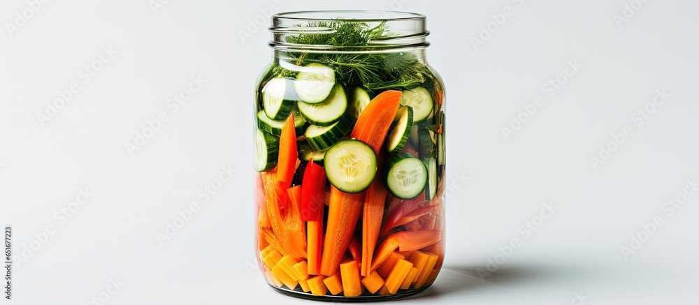 Jar of vegetable sticks representing healthy diet with carrot bell pepper paprika and cucumber