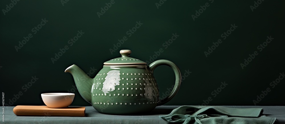 Square image of a handcrafted white spotted ceramic teapot kettle with hot green tea and cup set on a linen tablecloth in a dark room for a tea ceremony