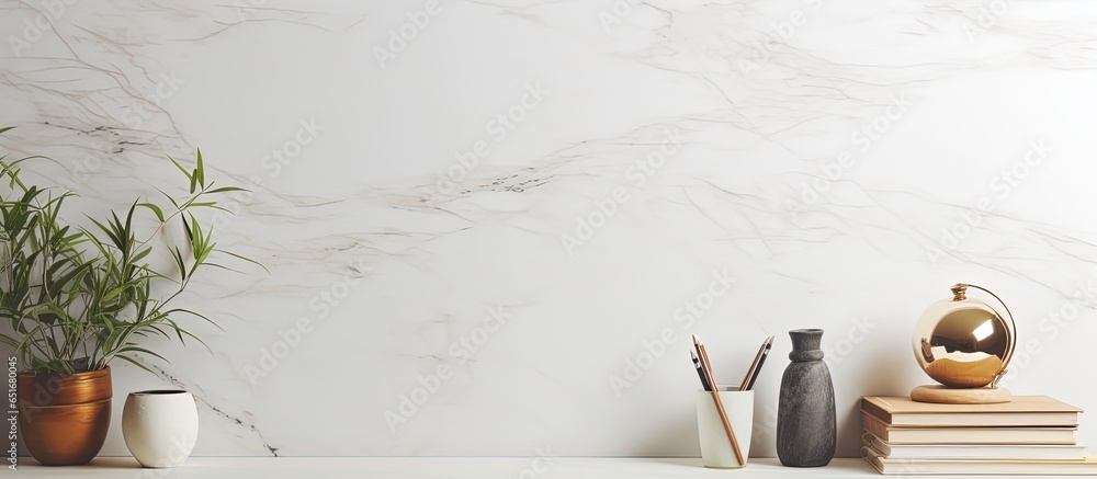 Product display montage featuring a chic white marble table workspace with supplies plant and empty area