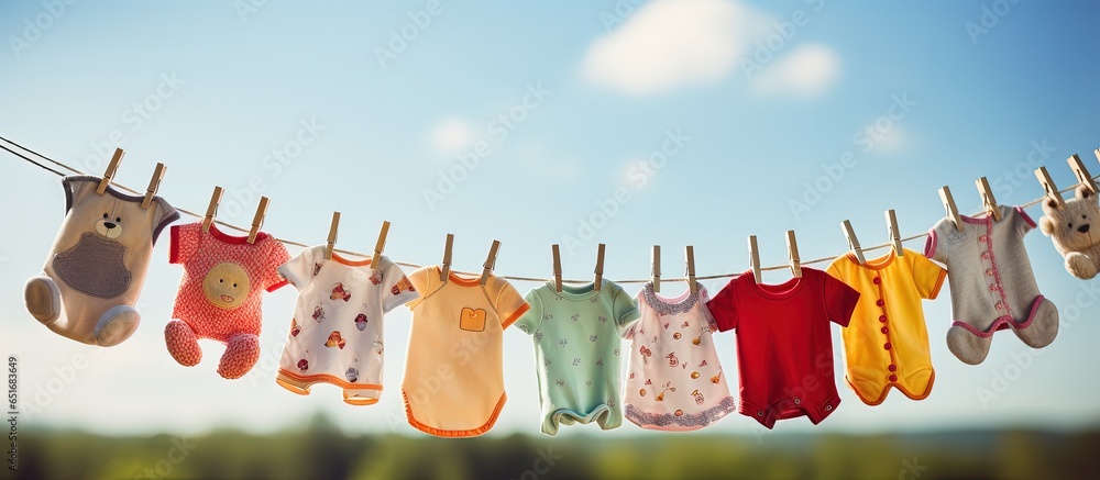 Infant garments suspended on the line