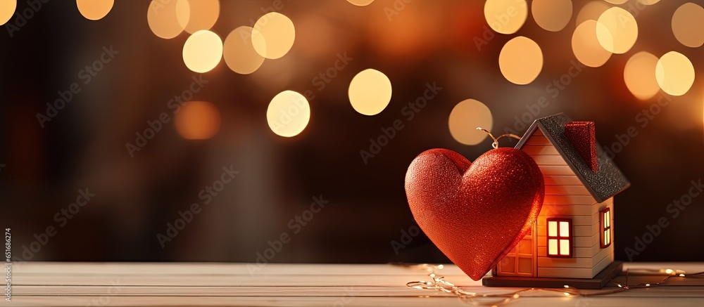 Heart shaped bokeh background with a wooden toy house symbolizing Valentine s Day