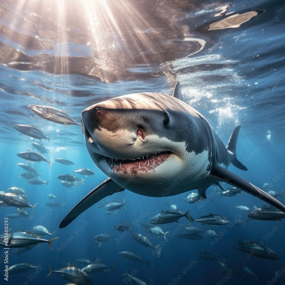 Angry shark in blue ocean