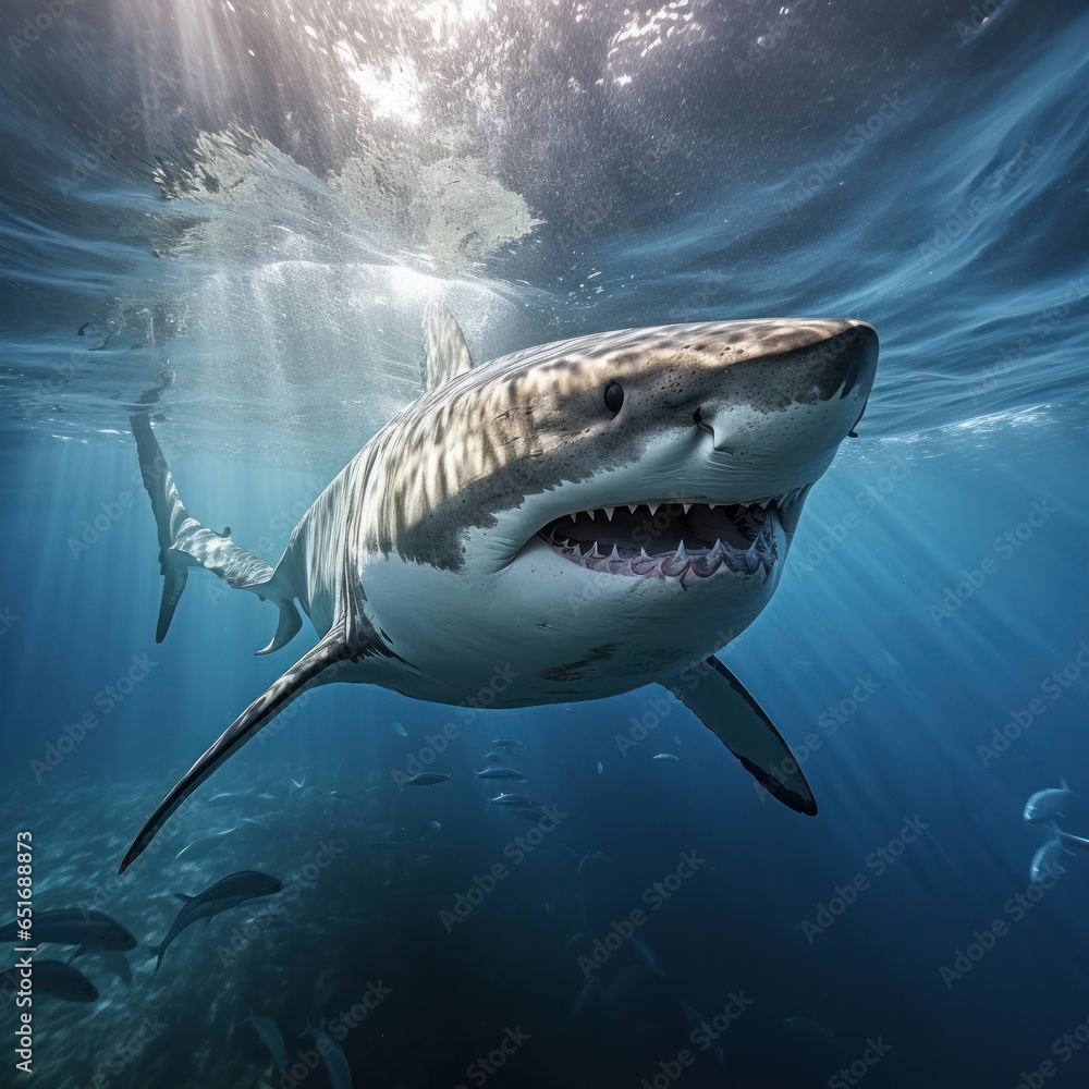 Angry shark in blue ocean