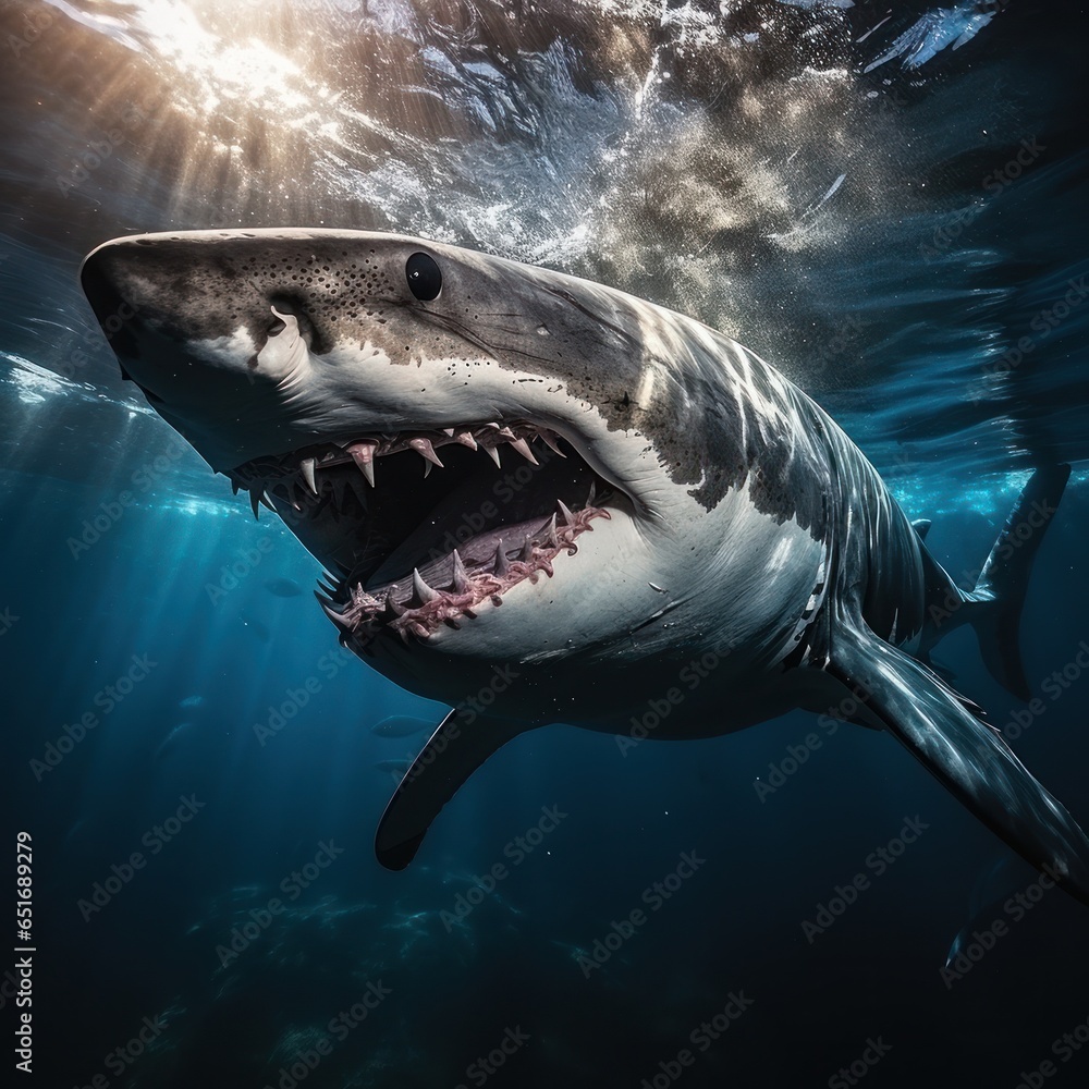 Angry shark in blue ocean