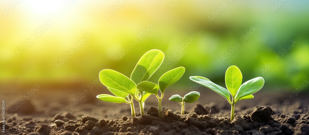 Soybean plants sprouting and growing in the field reaching for the sun