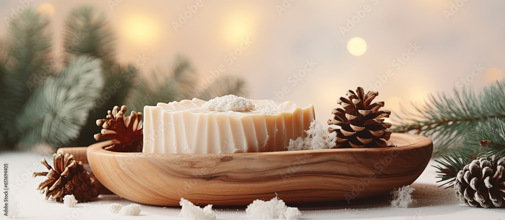 Text space provided for sodium salt natural soap with coniferous aroma handmade organic soap on a wooden dish with cedar cones against a beige backdrop