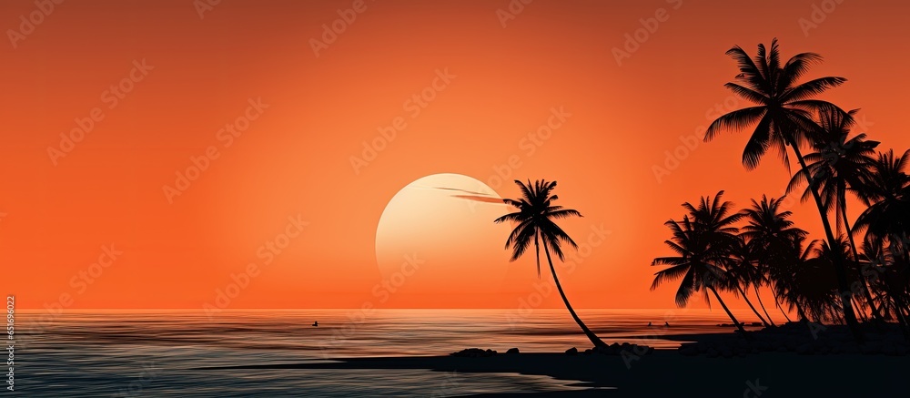 Evening beach orange sky coconut tree shade