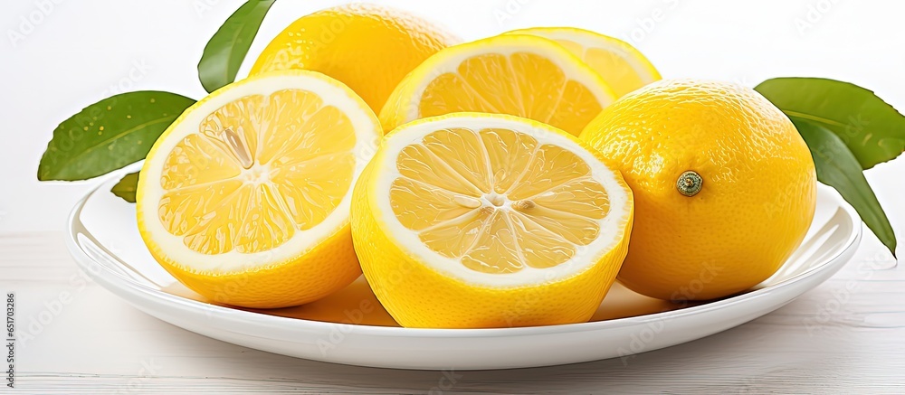 Fresh oysters lemon on plate white background