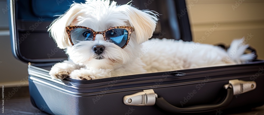 Maltese dog in sunglasses waits in a bag for a trip