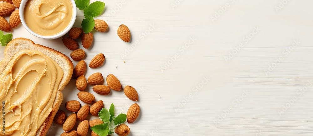 Vegetarian breakfast with peanut butter on light table background