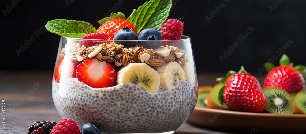 Nutritious breakfast chia seed pudding granola fruits and berries vegan food diet and health