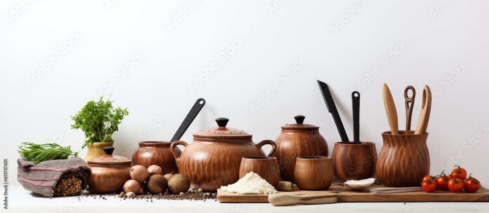 Cookware with pots wooden boards