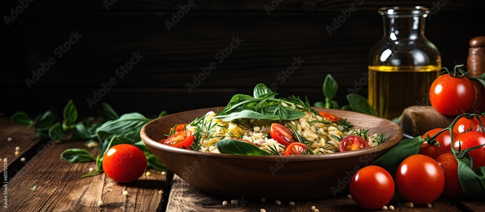 Vegetable salad with spinach cherry tomatoes barley porridge and olive oil on a wooden board vegan cuisine