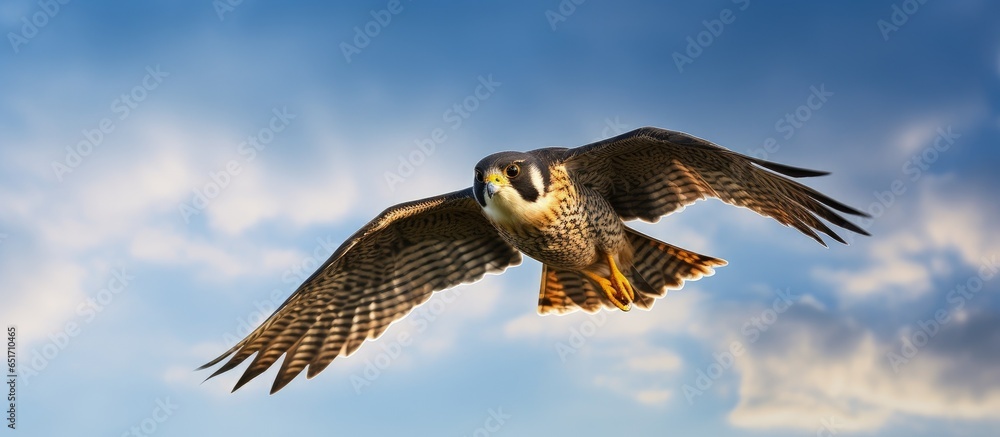 Skyward flight of hobby bird with blue sky backdrop