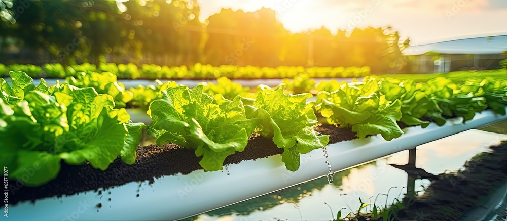 Organic hydroponic vegetable garden plants growing in water with mineral nutrients without soil or Dynamic Root Floating Technique