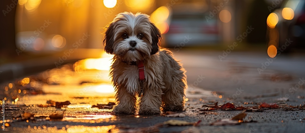 Shih Tzu s leg wrapped in red bandage and splint post surgery at vet hospital with sunset light