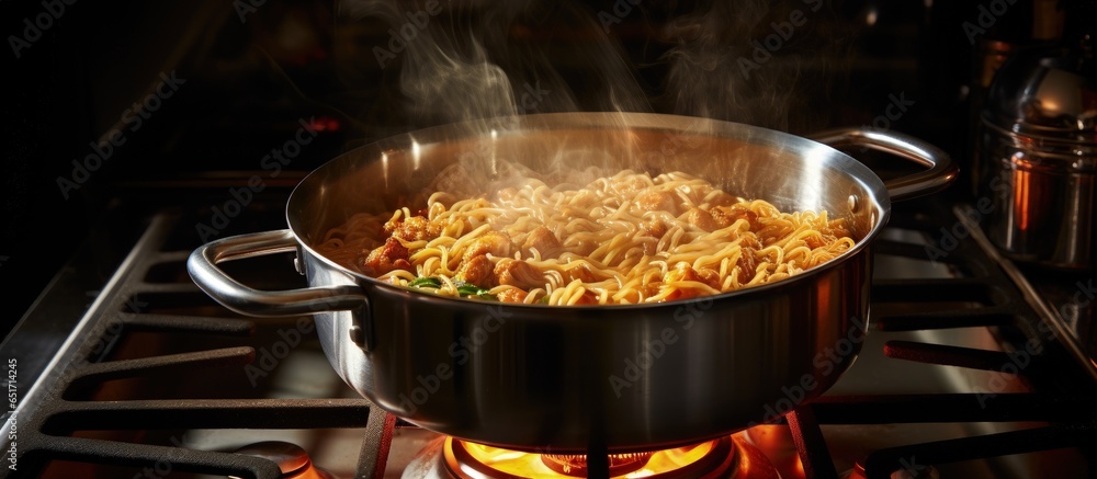 Cooking pasta on a stove in a pot with boiling water in a kitchen