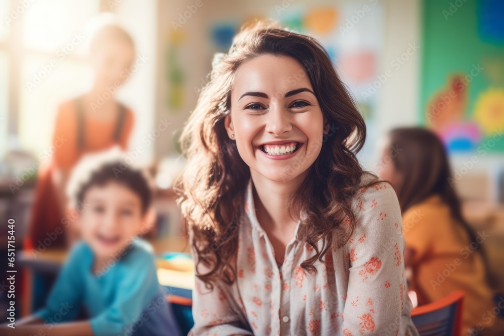 smiling  preschool teacher in classroom