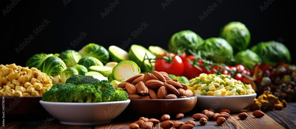 Protein sources for vegans on wooden table grains lentils beans nuts Brussels sprouts