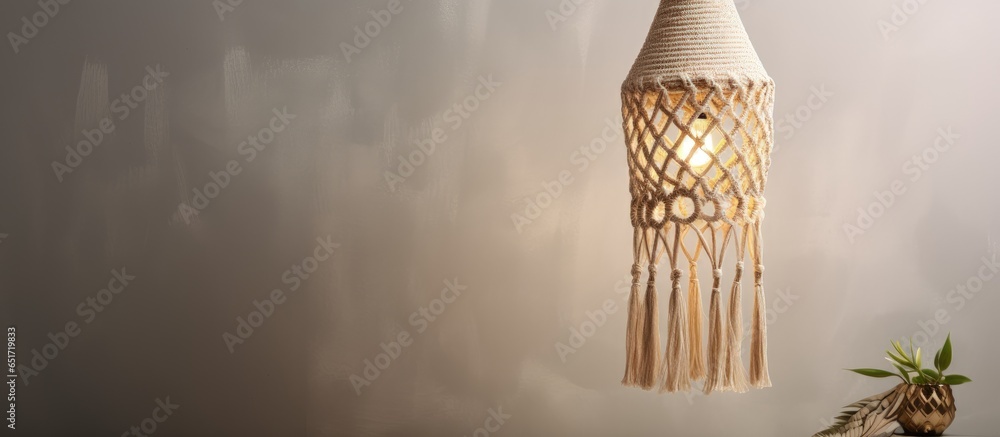 Boho style decoration with a macrame lamp on a gray background Handmade hobby for a trendy Scandinavian apartment Beige twine used for weaving Copy space availability with a mock up texture