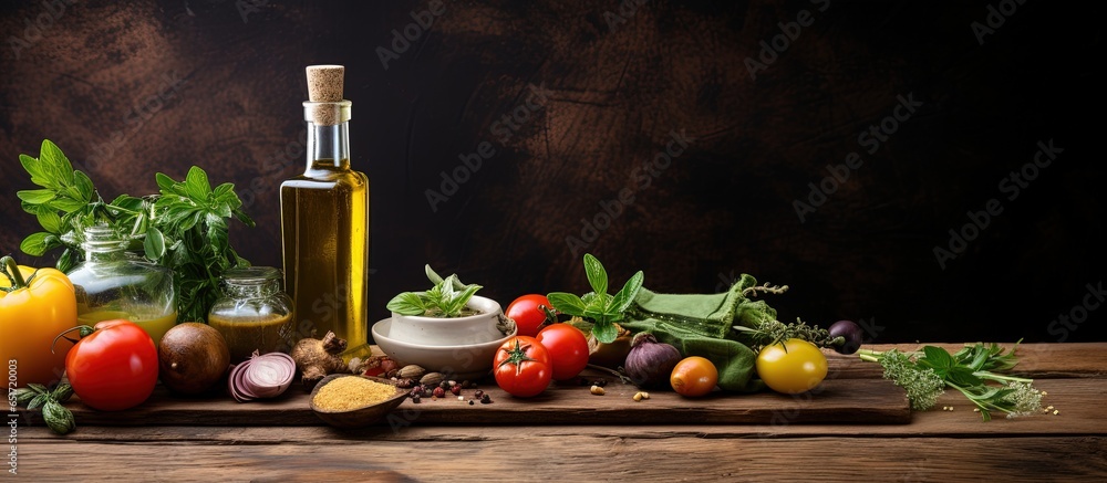 Cooking experience with wooden board olive oil and veggies Open area for menu or recipe