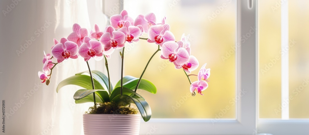 Phalaenopsis orchid in flower pot on windowsill Houseplant care Home garden Room decoration