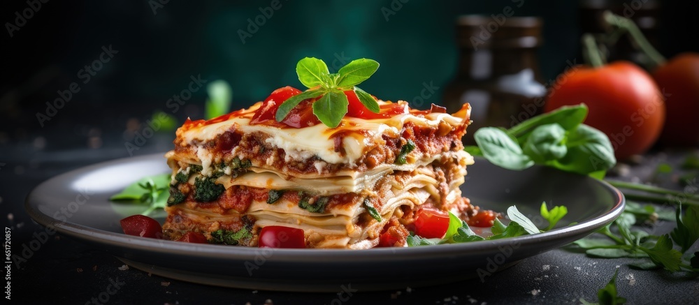 Homemade vegetarian lasagna with tomato sauce cheese tomatoes and spinach with a light concrete background Selective focus