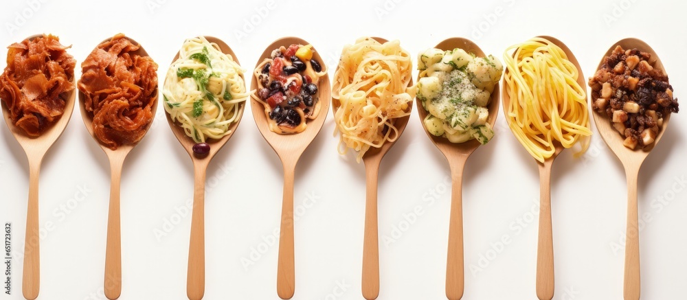 Assorted delicious pasta on cutlery carbonara Bolognese spaghetti penne arrabiata fusilli Bolognese