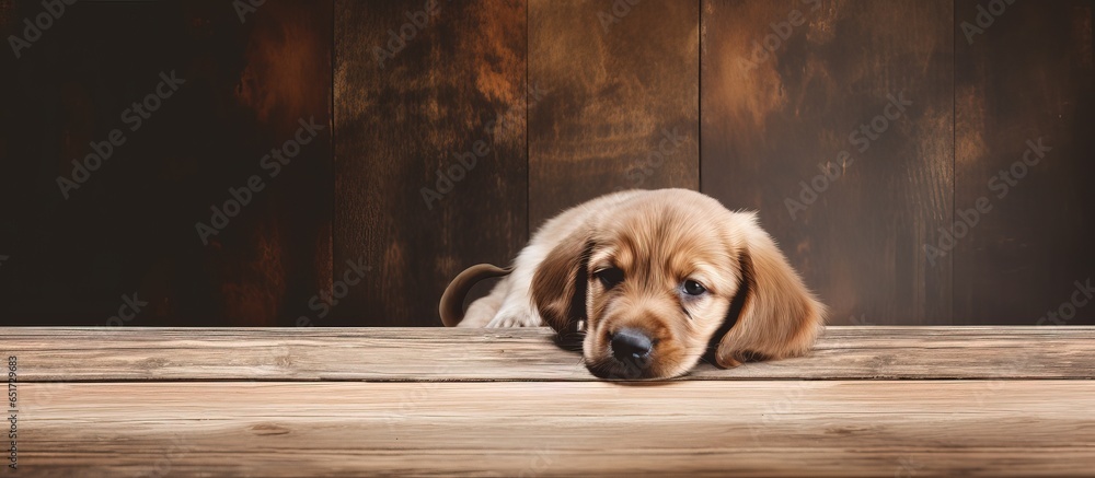 Dog resting on a wood floor with head on paws