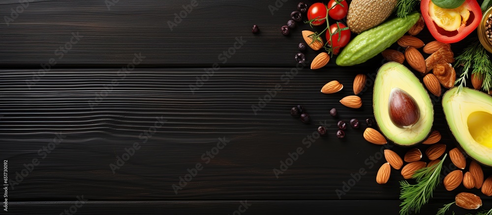 Choosing healthy fats wooden background from above