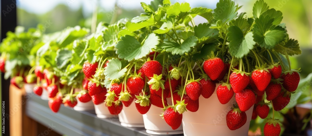 Balcony home garden with strawberries growing