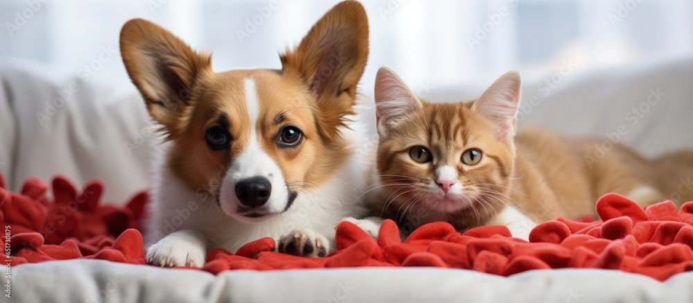 Cat dog and hearts on a bed