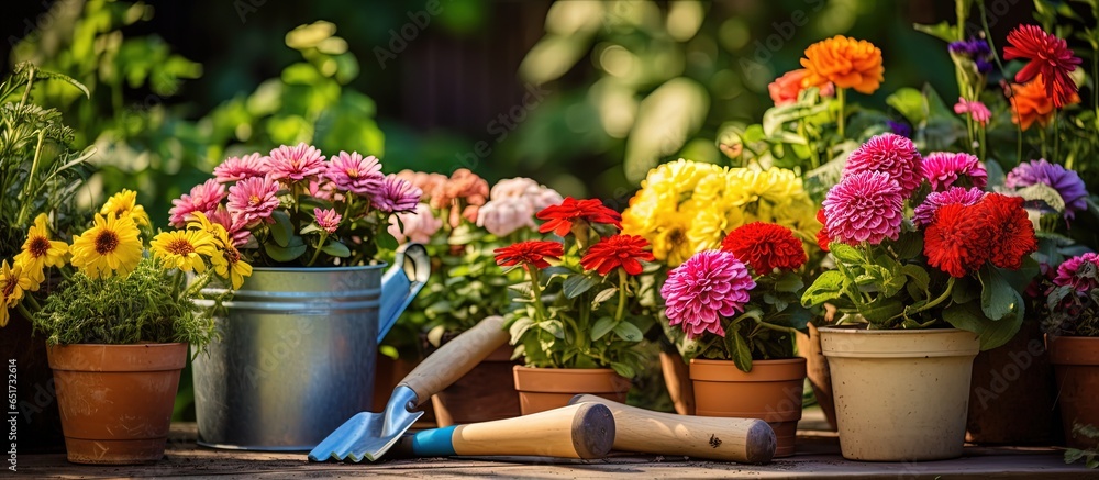 Garden flowers tools and work in the garden