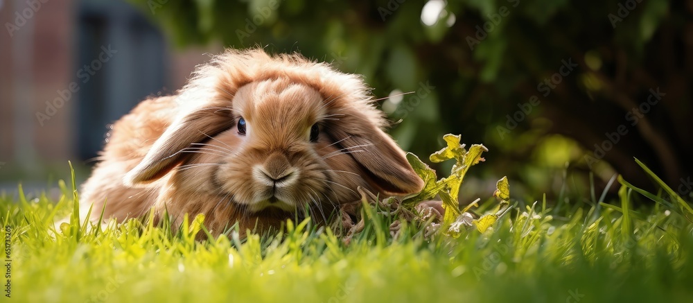 Grooming bunny rabbit in garden grass