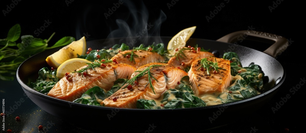 Preparing a salmon fillet with cream sauce spinach and rosemary in a pan