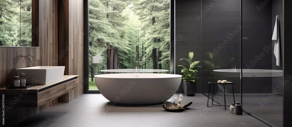 ed mock up of a contemporary bathroom with white and dark wood walls a big window and various fixtures including a bathtub sink and shower