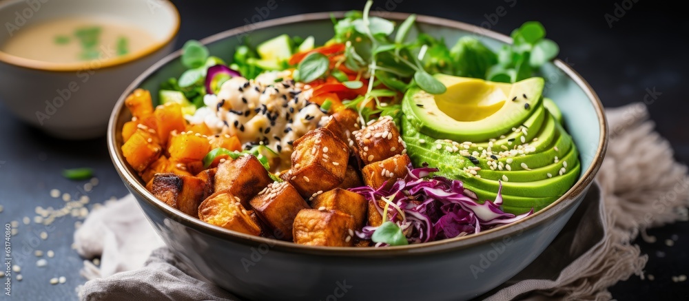 Nutritious vegan Buddha bowl includes quinoa tofu avocado sweet potato brussels sprouts and tahini