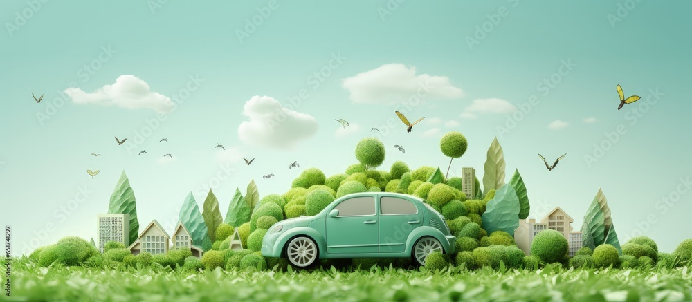 Eco car blending with urban nature in art style