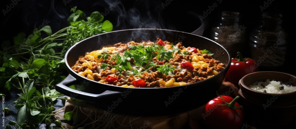 Preparing homemade hamburger helper in a cast iron skillet flat style