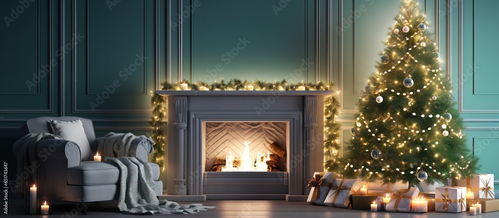 Vertical New Year s interior with a soft green pillow glowing garlands on a Christmas tree and a white fireplace