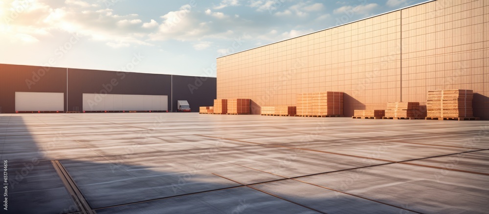 storage and shipping system building also referred to as distribution center and retail warehouse featuring goods on shelves and brick paving